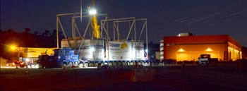 A job well done. The 800-ton trailer rolls to a halt on the ITER platform after four consecutive nights of travel. (Click to view larger version...)